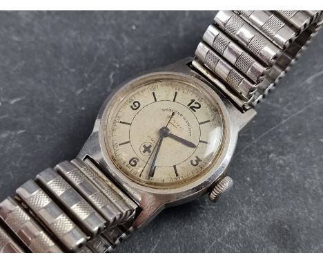 A WWII West End Watch Co. Prima 'Sowar' stainless steel manual wind wristwatch, 28mm, Ref. 6847-417, on a expanding stainless