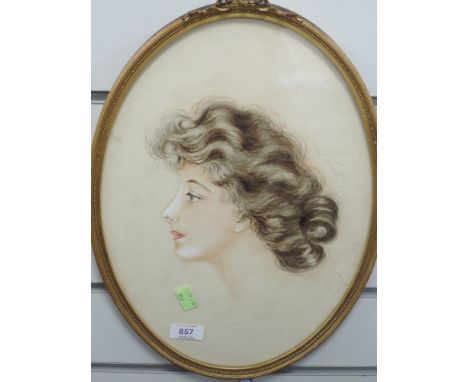 A sketch, L Smith, study of lady in profile, oval, signed and dated 1906, 36 x 26cm, plus frame and glazed