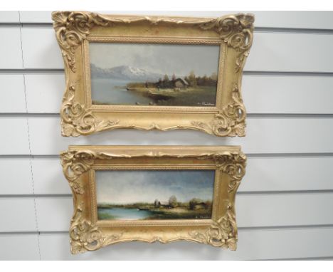 A pair of oil paintings on board, K Scum, continental lake landscapes, indistinctly signed, 14 x 28cm, plus frame