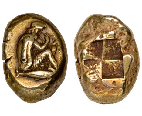 Mysa, Kyzikos, electrum stater, c. 400 BC, Persian archer seated right, examining arrow; tunny fish below, rev., quadripartit