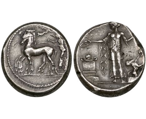 Sicily, Himera, silver tetradrachm, c. 472-465 BC, quadriga driven left with Nike flying above to crown the charioteer, rev.,