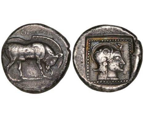 Lesbos, Methymna, silver stater, c. 480-450 BC, [Μ]ΑΘΥΜΝΑΙΟΣ, boar walking right with head lowered, scratching its snout with