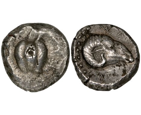 Cycladic Islands, Melos, silver stater, c. 420-416 BC, apple with stem, rev., ΜΑΛ – ΙΟΝ, ram’s head facing right, 14.12g, die