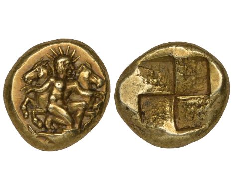 Mysia, Kyzikos, electrum hekte, c. 410 BC, naked Helios kneeling right, holding foreparts of two horses prancing left and rig