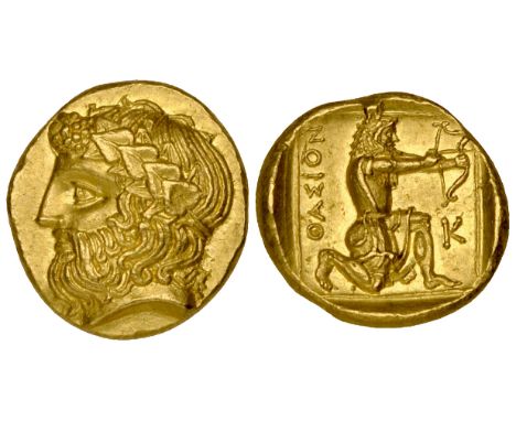 Island off Thrace, Thasos, gold drachm, c. 380 BC, bearded head of Dionysos left, crowned with ivy, rev., ΘΑΣΙΟΝ, Herakles we