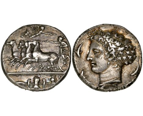 Sicily, Syracuse, silver decadrachm, c. 405 BC, by Kimon, fast quadriga driven left by charioteer who reaches forward with go