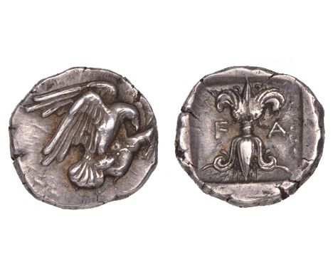 Elis, Olympia, silver hemidrachm, c. 450-430 BC, eagle with open wings right, holding hare in its talons and tearing at it wi