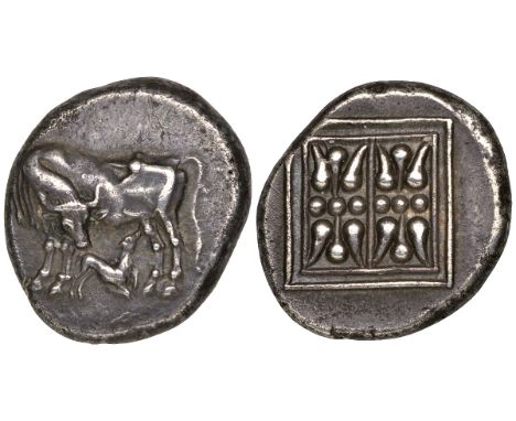 Island off Epirus, Corcyra, silver stater, c. 400 BC, cow standing left, suckling calf, rev., square frame containing double 
