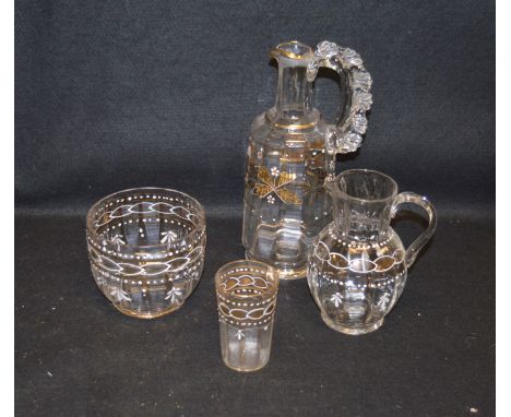 A Collection of Four Pieces of Hand Painted Crystal Including a Lidded Decanter 