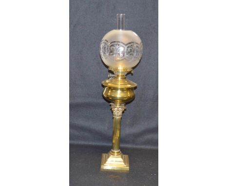 A Very Nice Brass Corinthian Pillar Oil Lamp and Shade 
