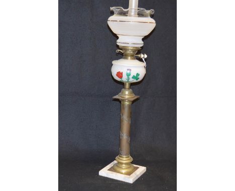 A Nice Brass and Marble Based Oil Lamp, Hand Painted Bowl 