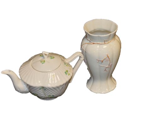 A Belleek Vine Vase and a Belleek Harp Teapot 
