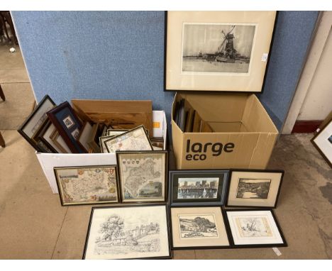 Two boxes of prints, etchings, maps, etc., including an Andrew Affleck etching 