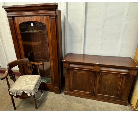 A Victorian mahogany chiffonier and a single door bookcase and a corner chair 
