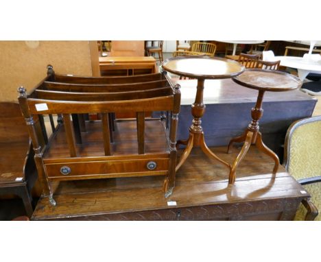 A mahogany Canterbury and two mahogany tripod wine tables 