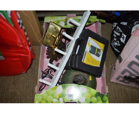 A box containing various sundry items to include enamel light fitting; lock and key etc.