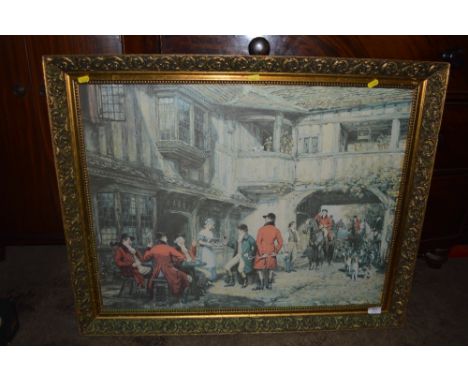 A gilt framed print depicting huntsman