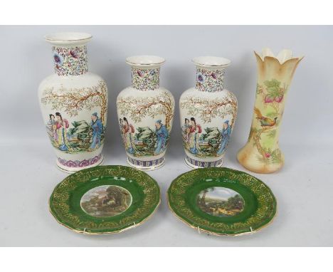 Three Chinese vases, largest approximately 30 cm (h), a Crown Ducal vase and other. [SW]