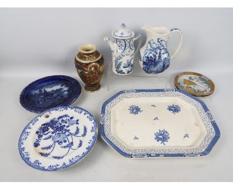 Mixed ceramics, predominantly blue and white along with a Japanese vase (21 cm height) and two Japanese plates. [SW]