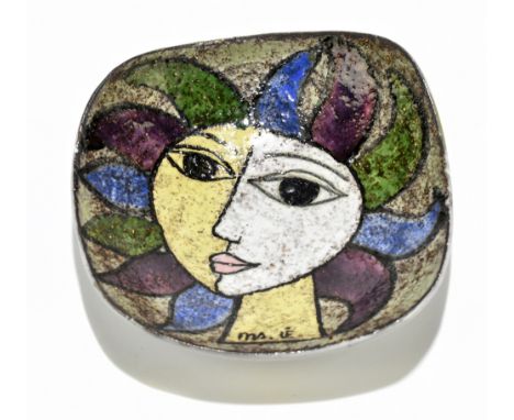 MARI SIMMULSON FOR UPSALA-EKEBY; a square shaped pin dish decorated with an abstract face with coloured hair, bears signature