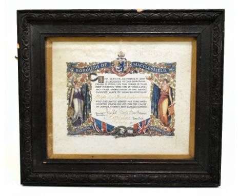 A WWI Borough of Macclesfield memorial plaque to Flight Lieutenant Frank Graham Edwards and signed by the Mayor and Town Cler