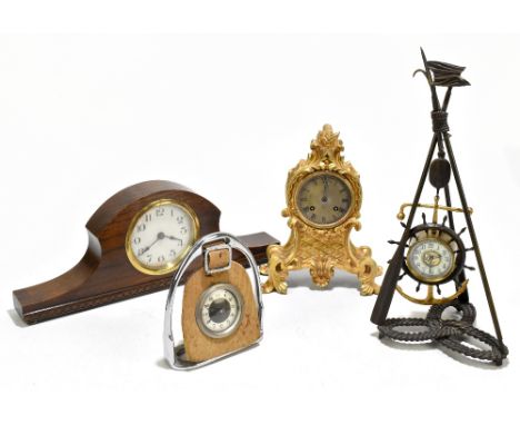 A French Louis XV style gilt brass mantel clock, the engraved dial with Roman numerals and eight day movement striking on a b