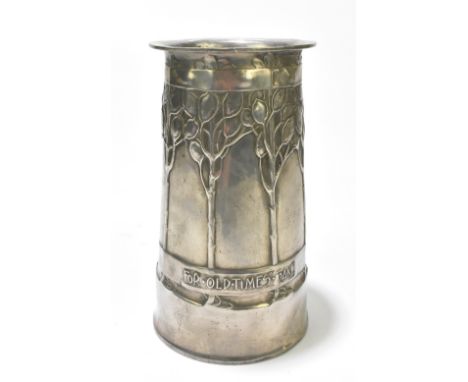 ARCHIBALD KNOX FOR TUDRIC PEWTER; an Arts & Crafts pewter vase of tapering cylindrical form with cast decoration with honesty