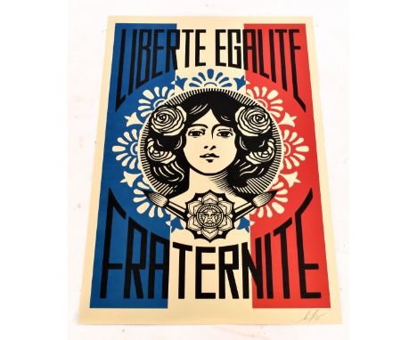 SHEPARD FAIREY (American, born 1970); offset lithograph on cream Speckletone paper 'Liberte, Egalite, Fraternite' (2018), sig