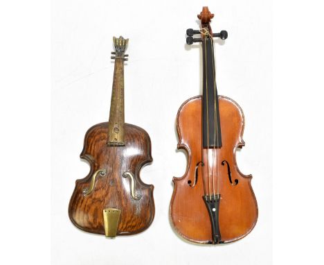 NEUNER &amp; HORNSTEINER, MITTENWALD; a miniature violin, length of back 17.8cm, with a novelty oak model of a violin with br