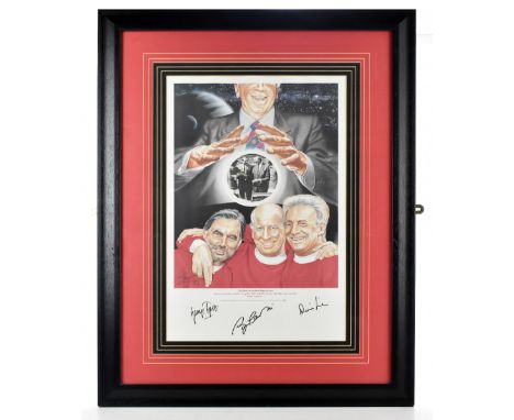 MANCHESTER UNITED INTEREST; an autographed coloured print, 'Sorcerers Three Apprentices', signed by Sir Bobby Charlton, Denni