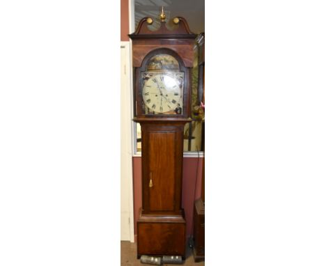 JNO DOUGLAS GALSTON; an early 19th century inlaid mahogany eight day longcase clock, the painted dial decorated with a harves