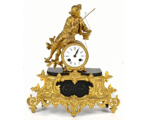 A 19th century French eight day gilt spelter and marble mantel clock with enamel Roman numeral dial and movement striking on 