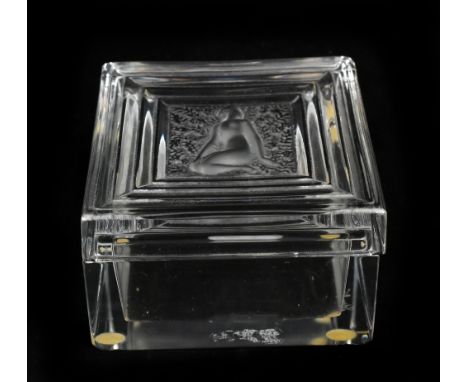 LALIQUE FRANCE; a clear and frosted glass trinket box and cover of square form, 'Duncan', signed to base, width 9.5cm.Additio