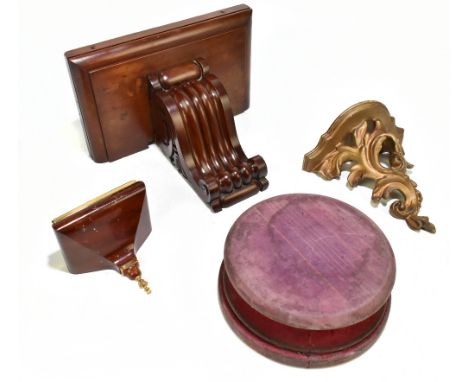 An Edwardian carved mahogany wall/clock bracket, height 23cm, together with a gilt composition wall bracket, a brass mounted 