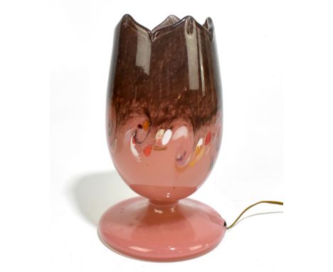 VASART; a rare glass tulip lamp, the lower body decorated in a salmon pink colourway, with scrolling multi-coloured detail to