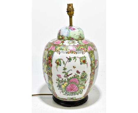 A modern Chinese Famille Rose ginger jar lamp, decorated throughout with panels of flowers alternating with panels of figures