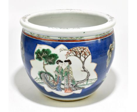 A late 19th/early 20th century Chinese famile verte Wucai porcelain jardiniere, decorated with auspicious symbols to rim abov