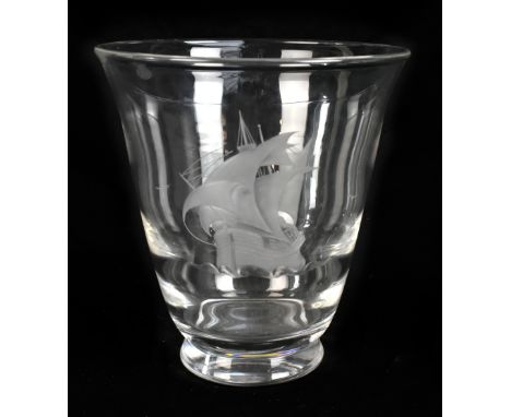 VICKE LINDSTRAND (1904-1983); a large Orrefors glass vase with flared neck, with etched decoration depicting a galleon, signe