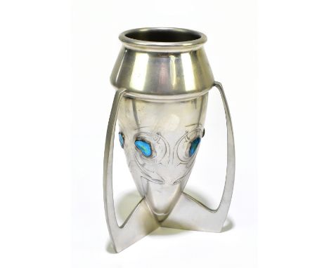 ARCHIBALD KNOX FOR ENGLISH PEWTER; an Arts &amp; Crafts bomb vase with cast scrolling detail set with six blue and green enam