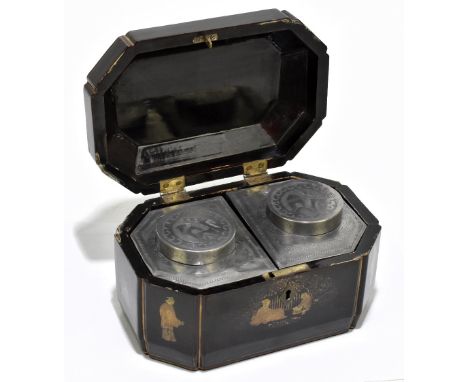 A 19th century Cantonese lacquered tea caddy, decorated with figures in gardens, the interior with two pewter tea canisters a