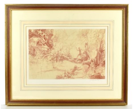 SIR WILLIAM RUSSEL FLINT; a sepia print, nude bathers cavorting in a river by a fallen tree, signed lower right and with Fine