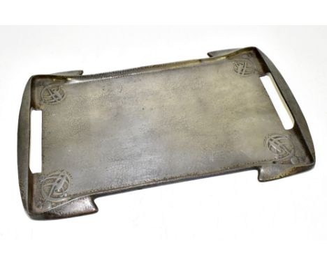 ARCHIBALD KNOX FOR TUDRIC PEWTER; a twin handled tray with cast Arts &amp; Crafts-style decoration to the corners with planis