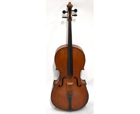 A full-size violoncello, probably German, the two-piece back length 75.8cm, no interior label, with a nickel mounted bow stam