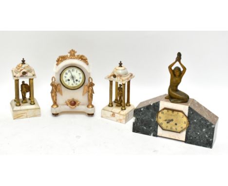 CHATEAUBRIANT; an Art Deco marble and painted spelter figural eight day mantel clock, height 40cm, a French alabaster mantel 