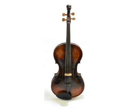 A full-size German viola, the two-piece back with geometric inlay to top and bottom, length 43cm, with carved scroll, unlabel