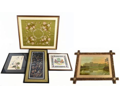 A Chinese machine embroidered panel decorated with exercising figures in a garden, 67.5 x 35cm overall, framed and glazed, to
