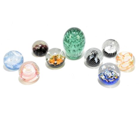 A group of Victorian and later paperweights including a dump, with internal bubble decoration, height 13cm, Caithness example