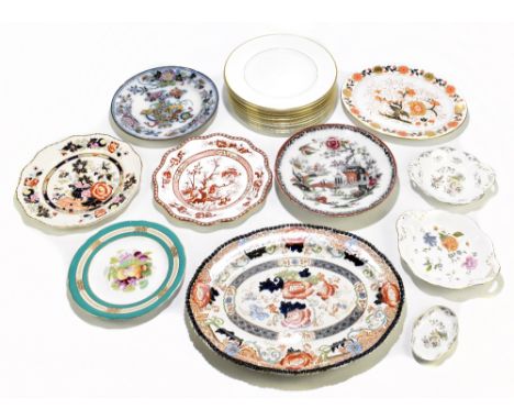 WEDGWOOD; six 'Gold Columbia' pattern dinner plates, with six Royal Grafton 'Cambridge Gold' pattern dinner plates, and ten a