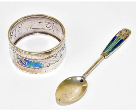 WILLIAM HAIR HASELER; an Edward VII hallmarked silver teaspoon in the Arts &amp; Crafts style, with turquoise, blue and green