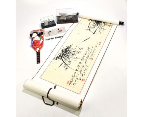 Two cased Chinese white metal filigree sculptures including horse and cart, length of case 21cm, a Japanese silk paddle, prin